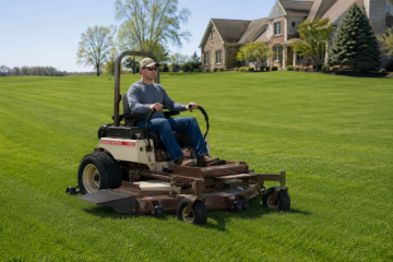 Homeowner using a Grasshopper zero-turn mower on a large residential lawn