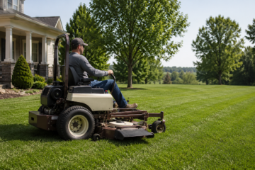 Homeowner mowing a large residential lawn with a zero-turn mower