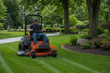 zero-turn mower on a large landscaped residential property