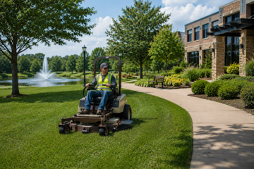 Homeowner mowing around landscaping with a zero-turn mower
