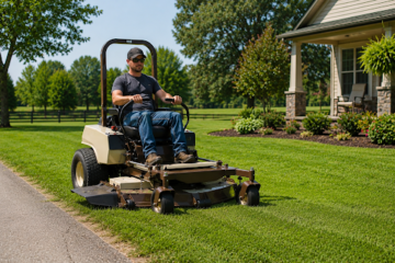 Homeowner mowing a large residential lawn with a zero-turn mower