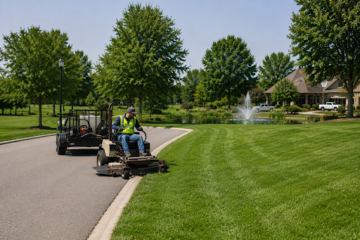 Commercial crew mowing a suburban park lawn with a zero-turn mower
