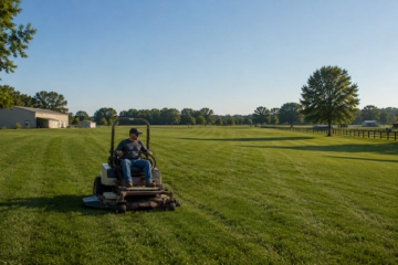 Operator mowing a large open field with a commercial zero-turn mower