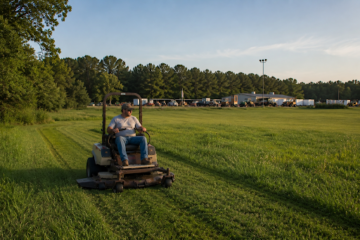 Commercial operator mowing a large field with a zero-turn mower